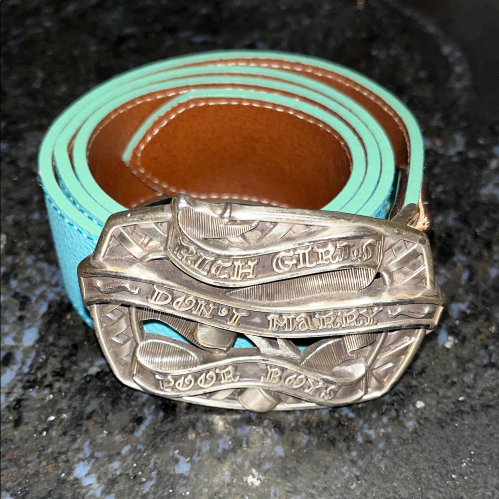 BADICHI Genuine Leather Teal Leather Belt with Silver Buckle